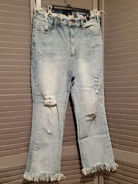 Risen Light Wash Frayed Waist & Hem Distressed Women's Jeans Size W32/L24-15